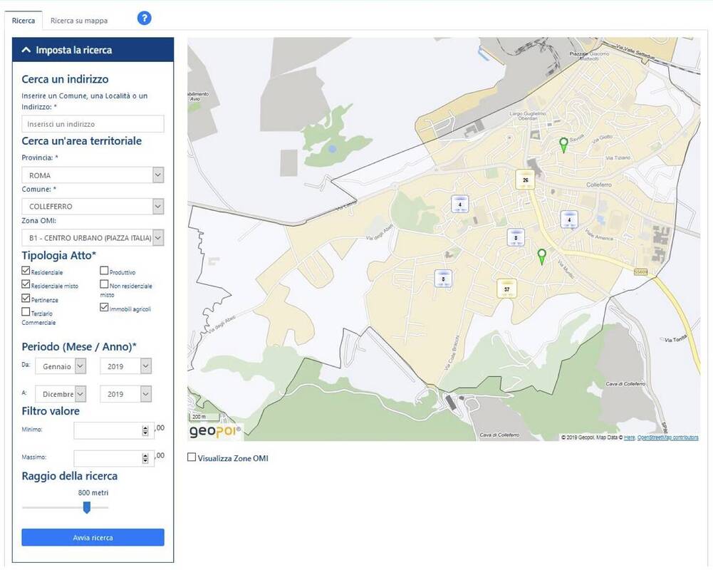 Ricerca testuale valori immobiliari dichiarati OMI