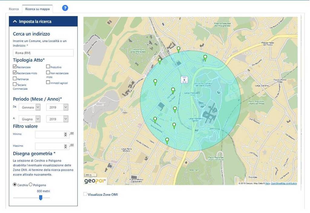 Ricerca su mappa dei valori immobiliari di compravendita dichiarati dall'Agenzia delle Entrate